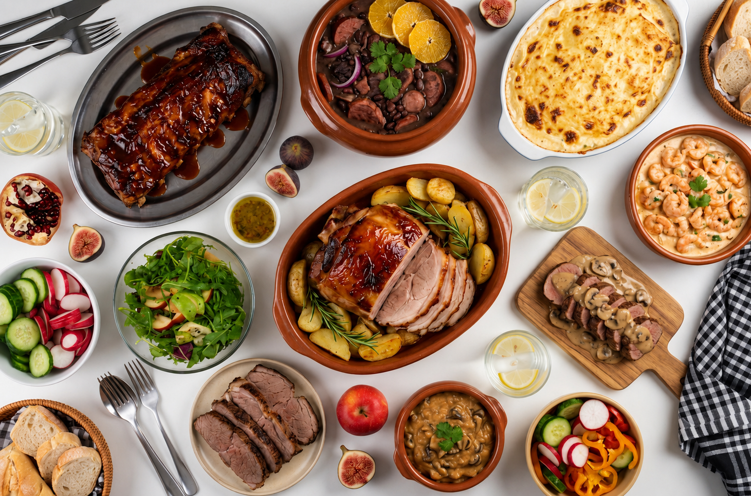 O cardápio do almoço de Dia dos Pais do Hortifruti reúne opções como Costela Suína ao Molho Barbecue, Feijoada, Pernil Assado, Escalopinho de Mignon, Maminha Assada, Bacalhau com Natas e Bacalhau à Portuguesa