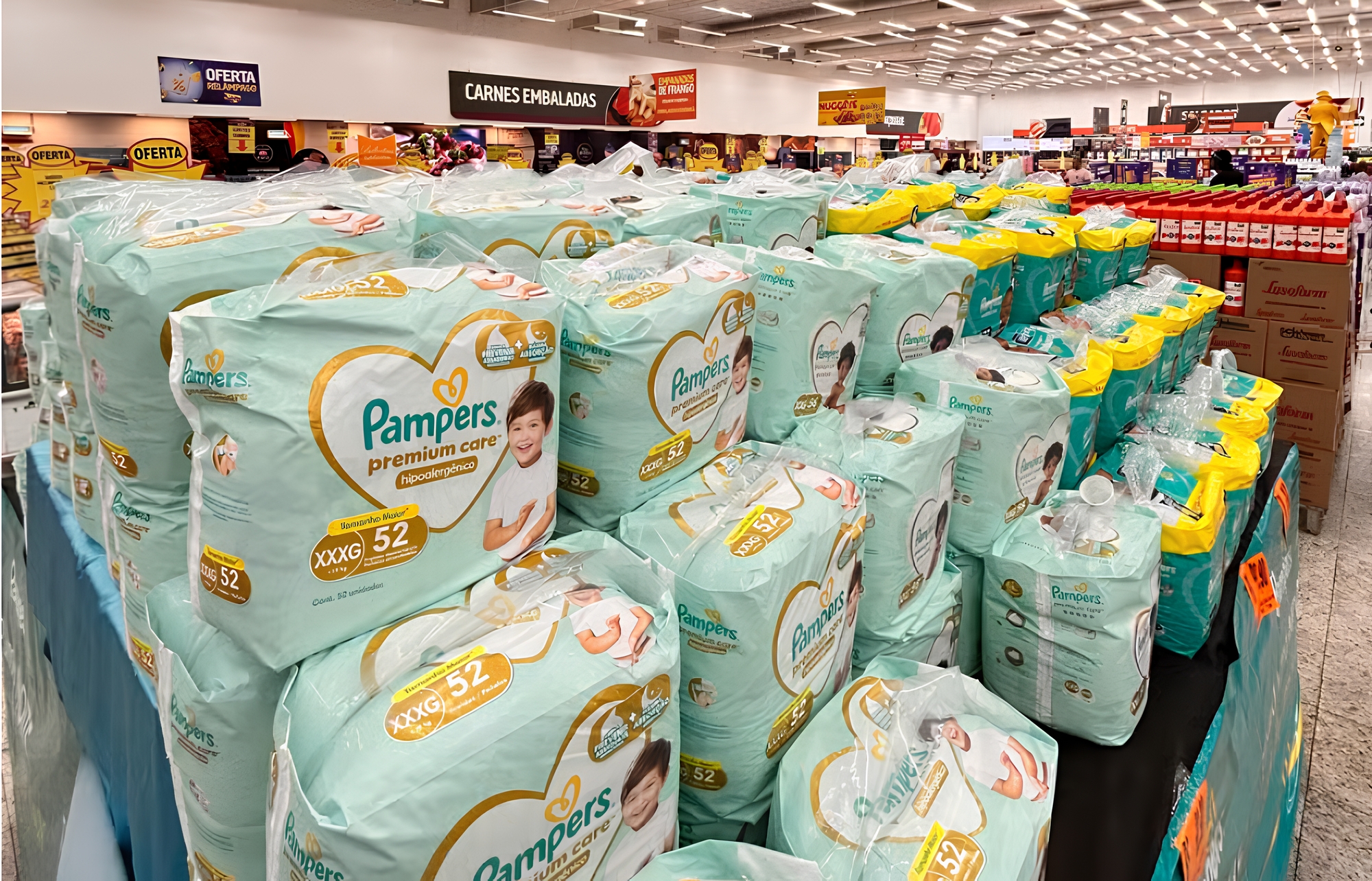 Pacotes de fraldas dispostos em Supermercado Guanabara durante a Semana Guanababy