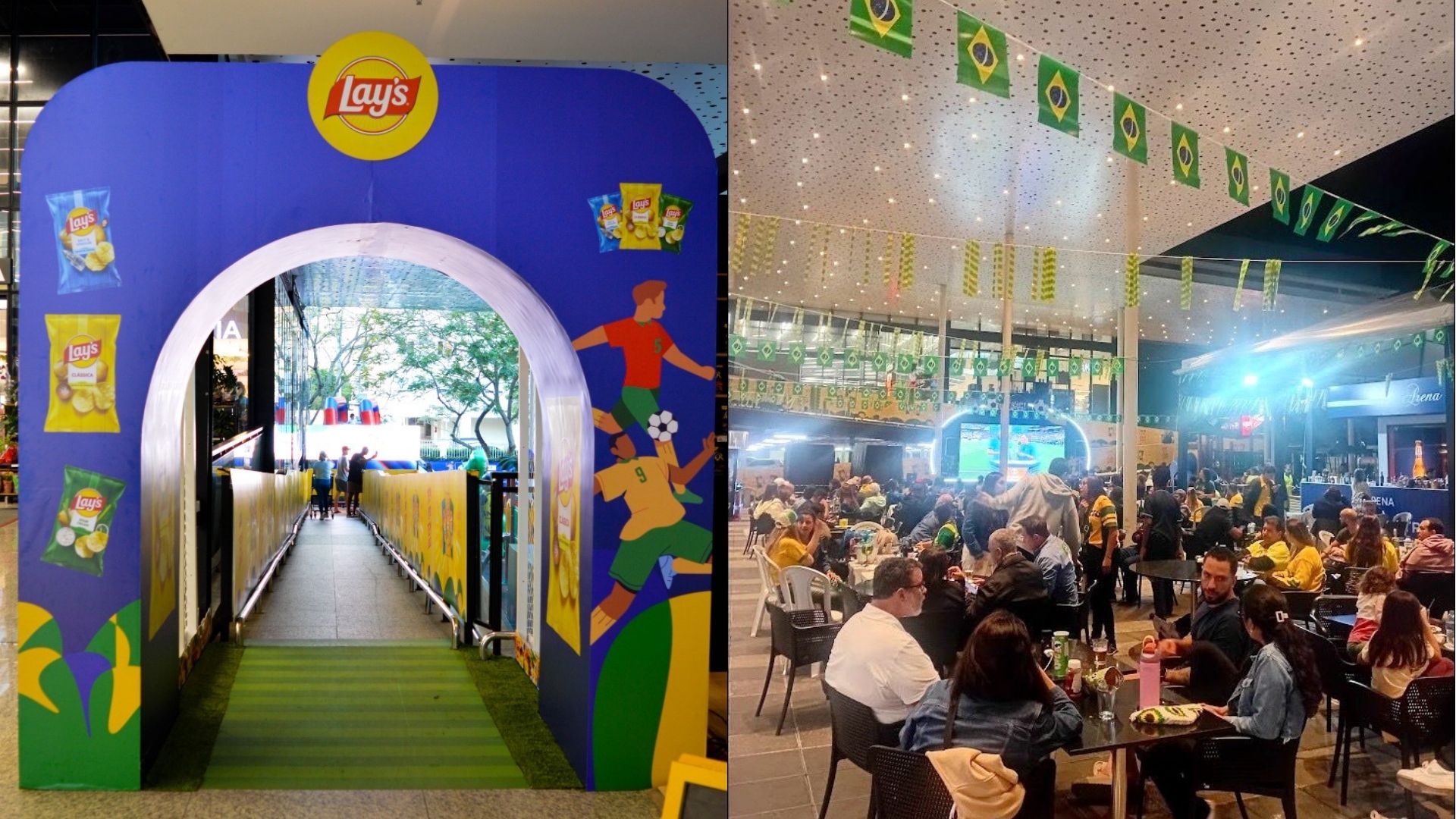 À esquerda, imagem da fachada de ativação da Lay´s no Supermarket Blue; À Direita, pessoas sentadas nas mesas reunidas no jogo do Brasil na Copa do Mundo do Supermarket Blue