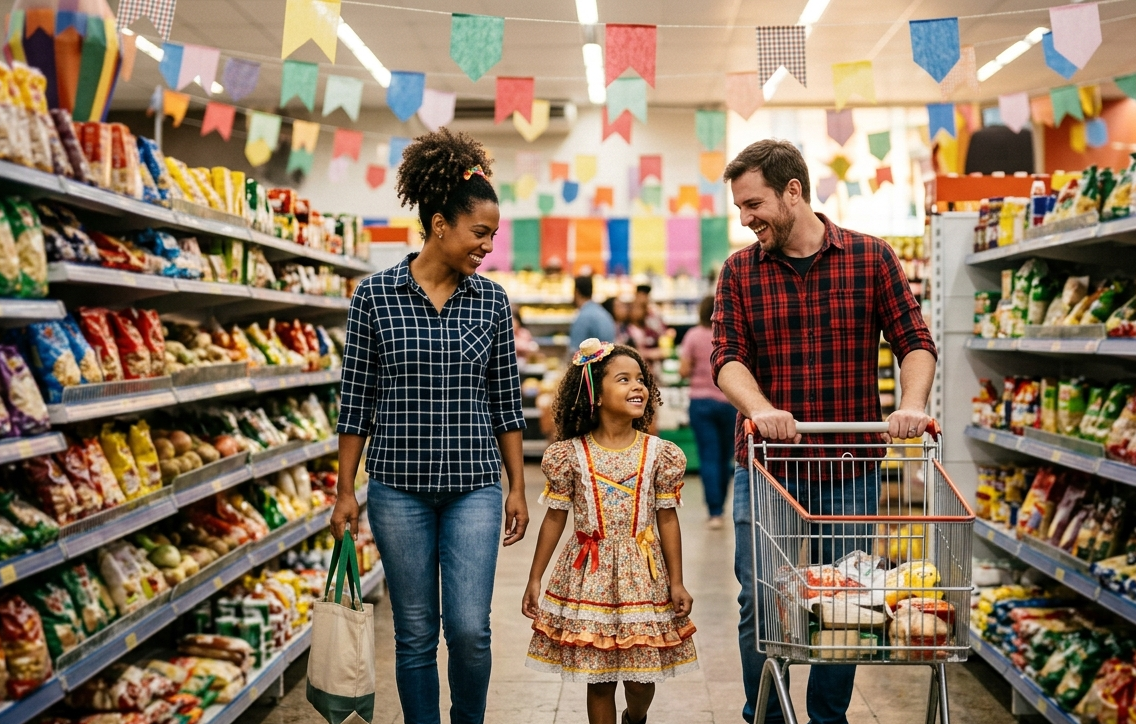 Pai e mãe vestindo camisas xadrez andam com a filha usando vestido de caipira pelo supermercado enfeitado com bandeirinhas de festa junina